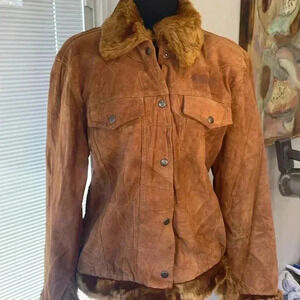 Vintage American Flirt Genuine Leather Fur Trimmed Brown Jacket Womens Size L